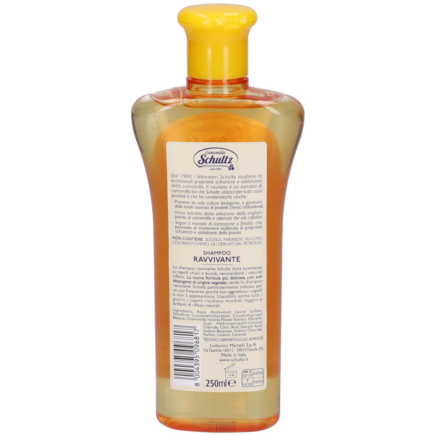Retro di un flacone di shampoo. Scritta: Schultz, Camomilla, Shampoo Ravvivante. Ingredienti e informazioni del produttore.