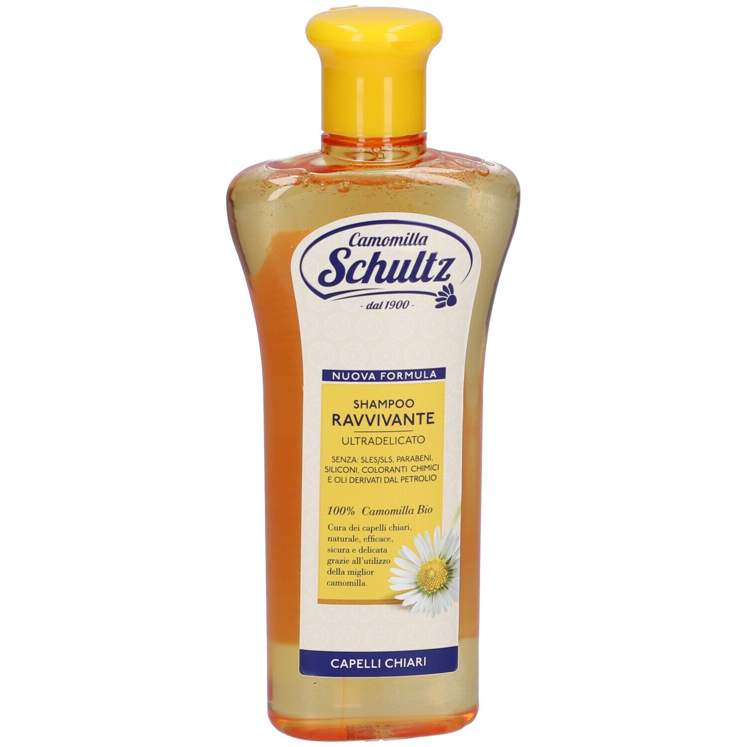 Flacone di shampoo trasparente giallo con tappo giallo. Scritta: Schultz, Camomilla, Shampoo Ravvivante Ultradelicato.