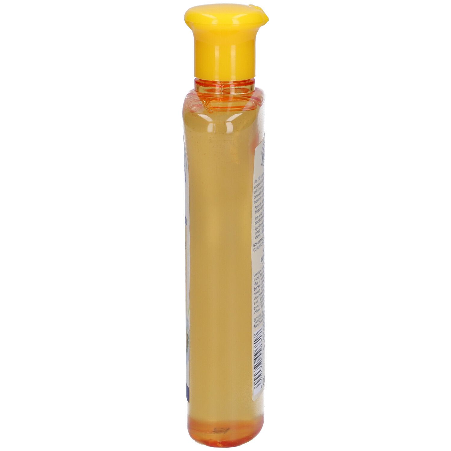 Flacone di shampoo sottile e trasparente con tappo giallo. Vista laterale. Scritta illeggibile.