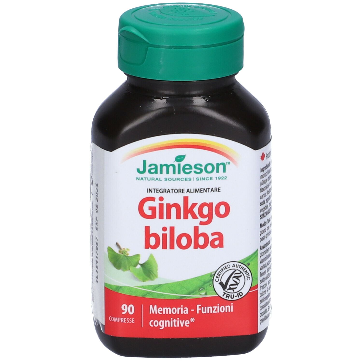 Flacone marrone con tappo verde. Scritta: Jamieson Ginkgo biloba, 90 compresse. Con certificazione.