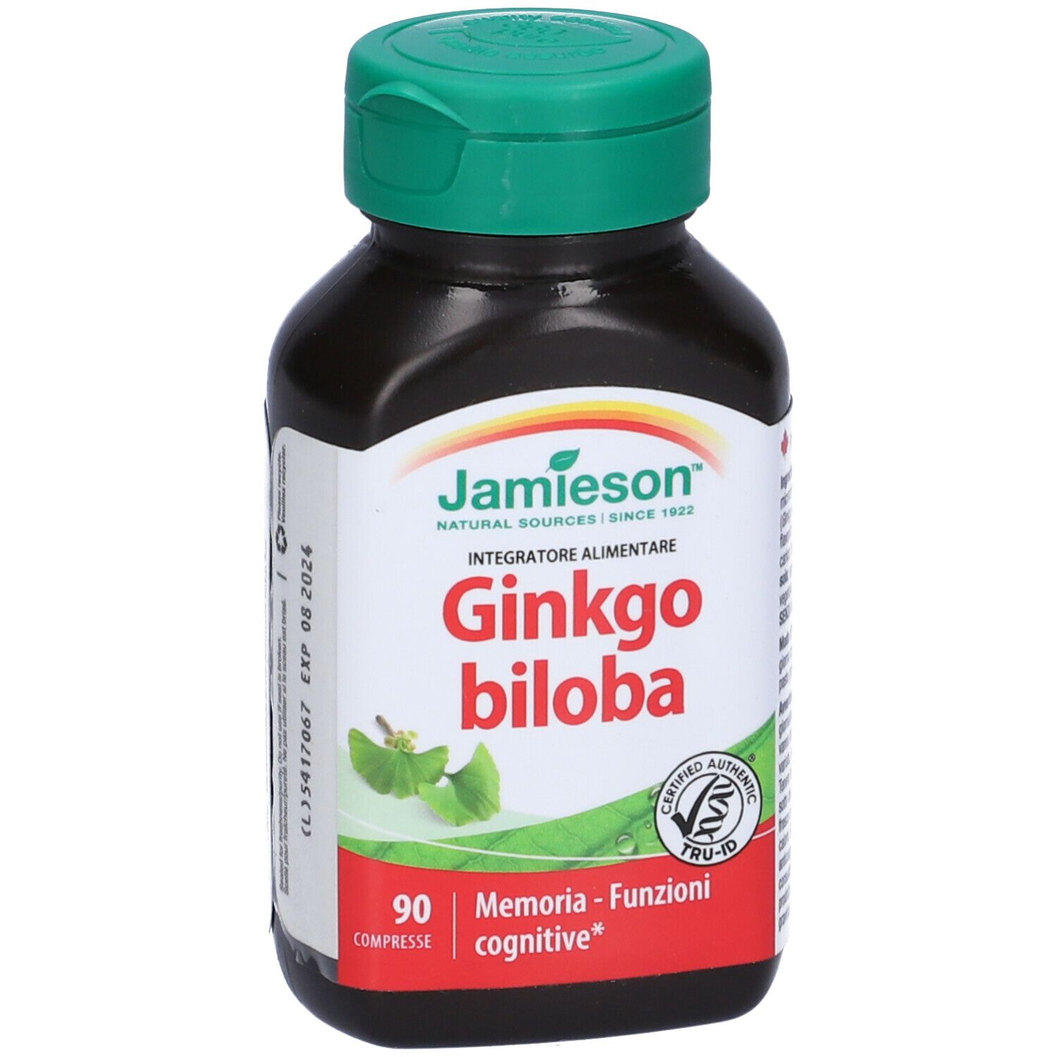 Flacone marrone con tappo verde. Scritta: Jamieson Ginkgo biloba, 90 compresse. Con certificazione.