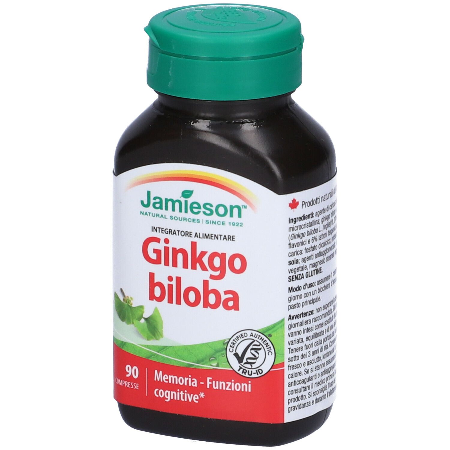 Flacone marrone con tappo verde. Scritta: Jamieson Ginkgo biloba, 90 compresse. Con certificazione.