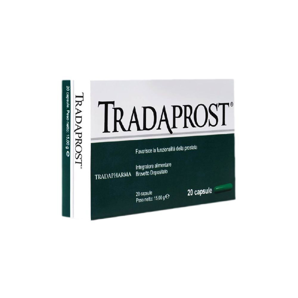 Scatola di capsule Tradaprost. Scritta: Tradaprost, 20 capsule. Confezione verde e bianca. Lato: Tradaprost.