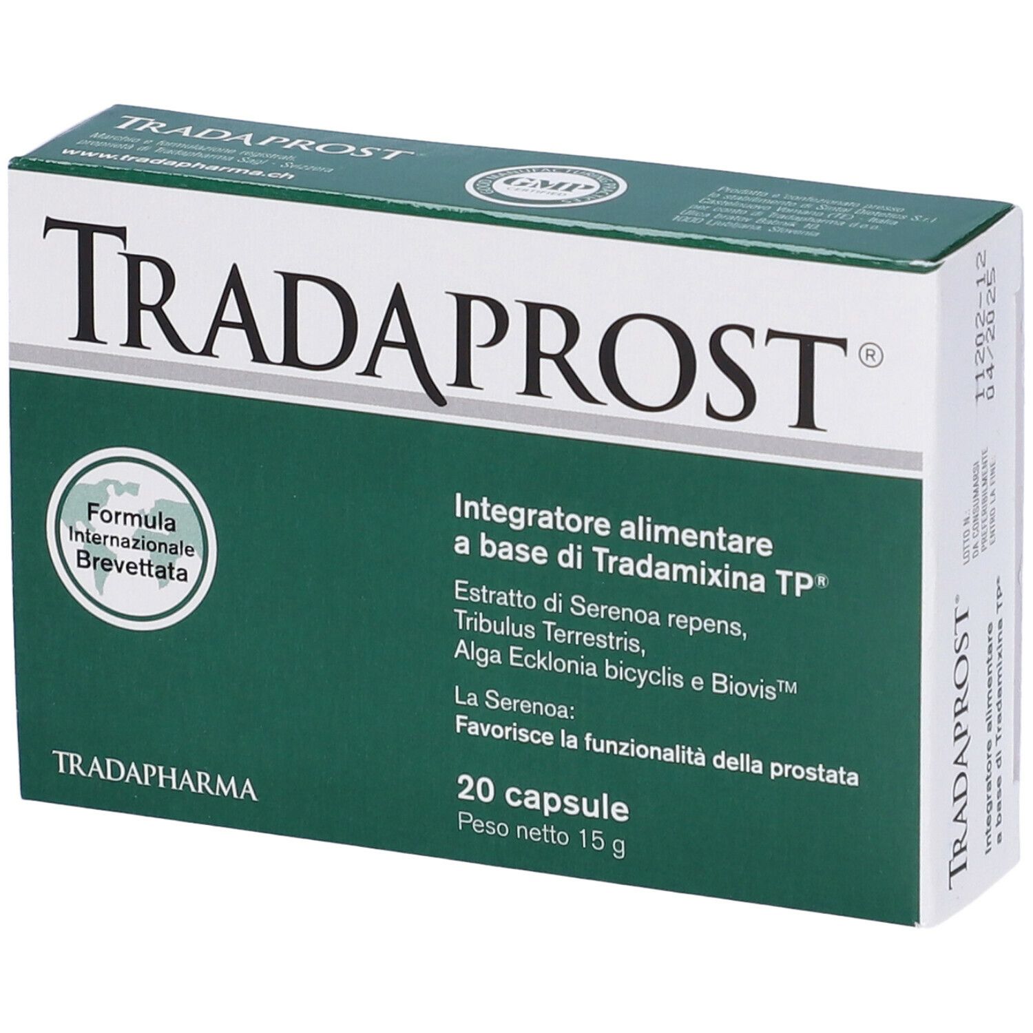 Scatola Tradaprost. Scritta: Tradaprost, 20 capsule. Contiene ingredienti. Confezione verde e bianca. Sigillo GMP.