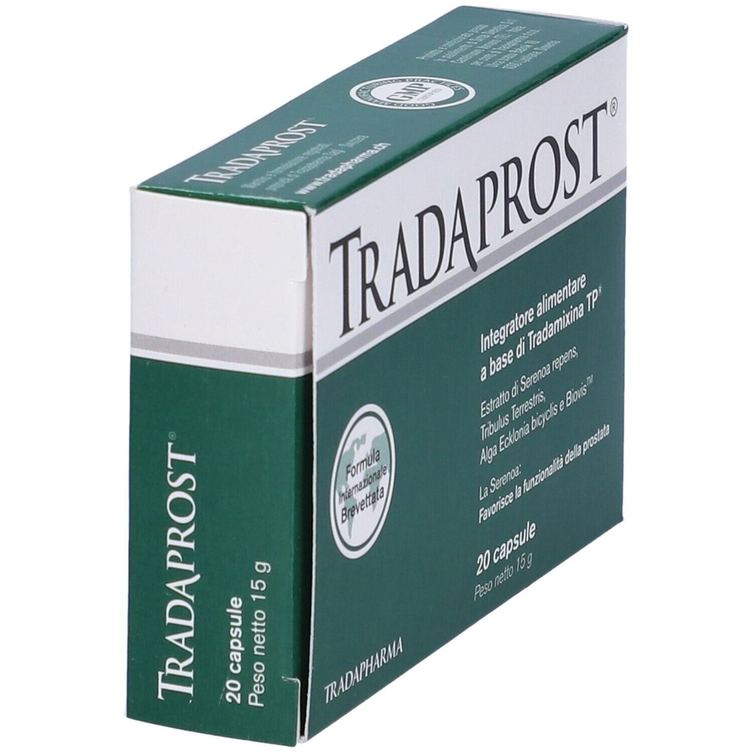Scatola Tradaprost. Scritta: Tradaprost, 20 capsule. Contiene ingredienti. Confezione verde e bianca. Sigillo GMP.
