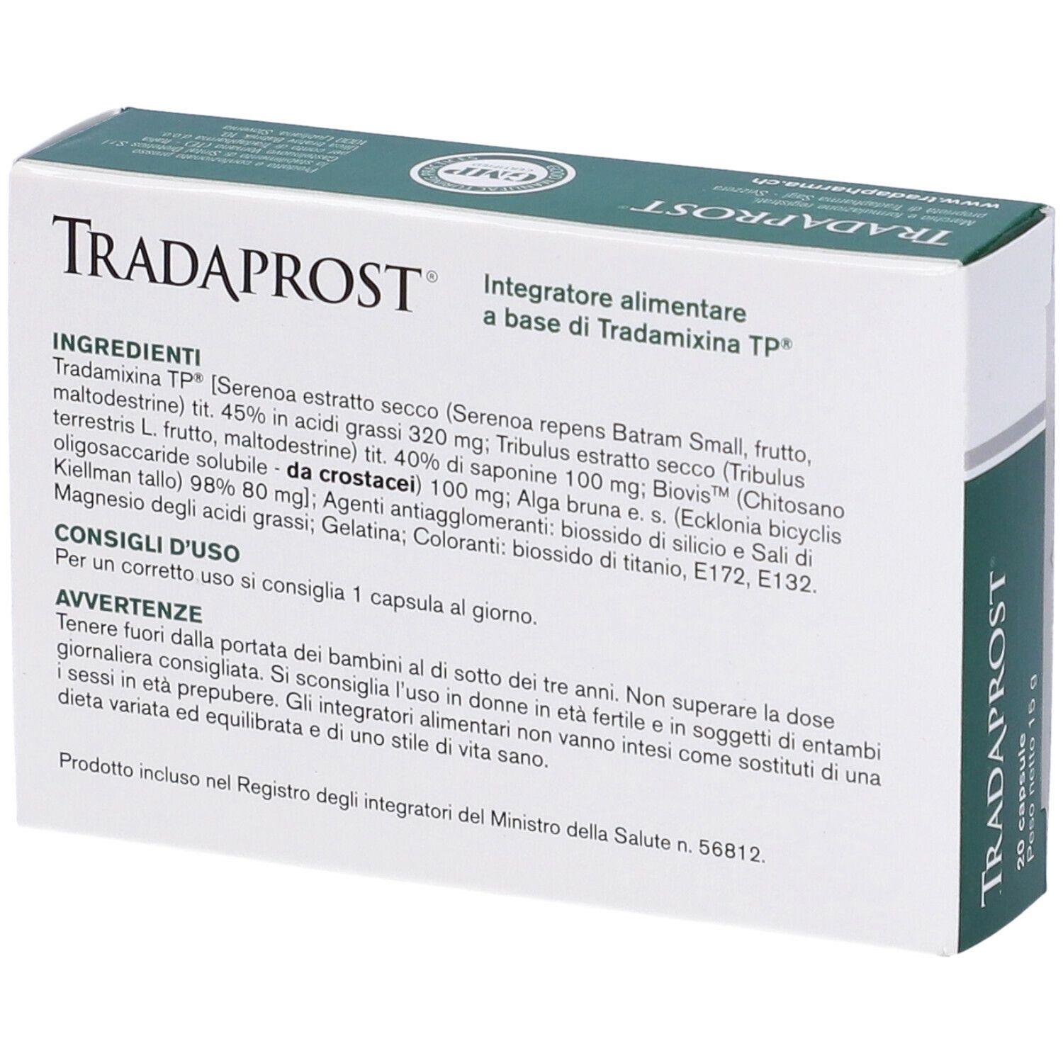 Retro della scatola Tradaprost. Contiene ingredienti e istruzioni. Confezione verde e bianca. Testo in italiano.
