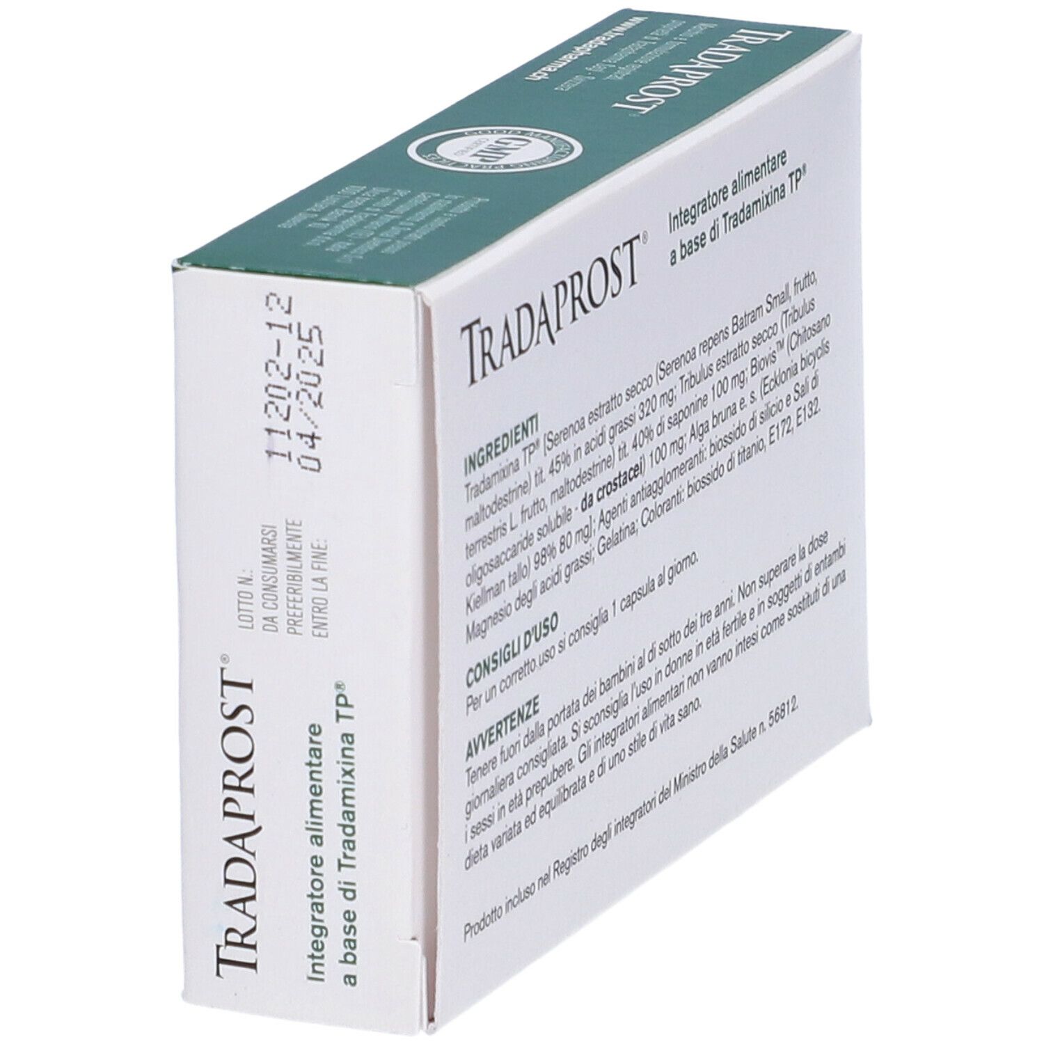 Scatola Tradaprost, in diagonale. Scritta: Tradaprost, 20 capsule. Contiene ingredienti. Confezione verde e bianca. Testo in italiano.