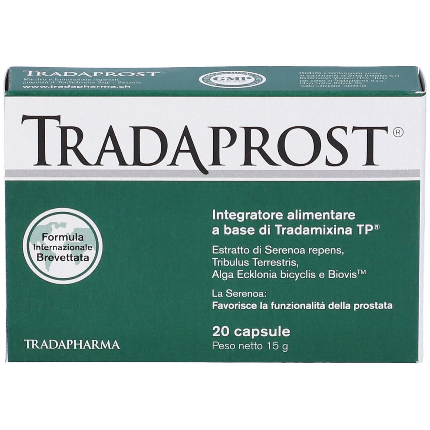 Scatola Tradaprost. Scritta: Tradaprost, 20 capsule. Contiene ingredienti. Confezione verde e bianca. Sigillo GMP.