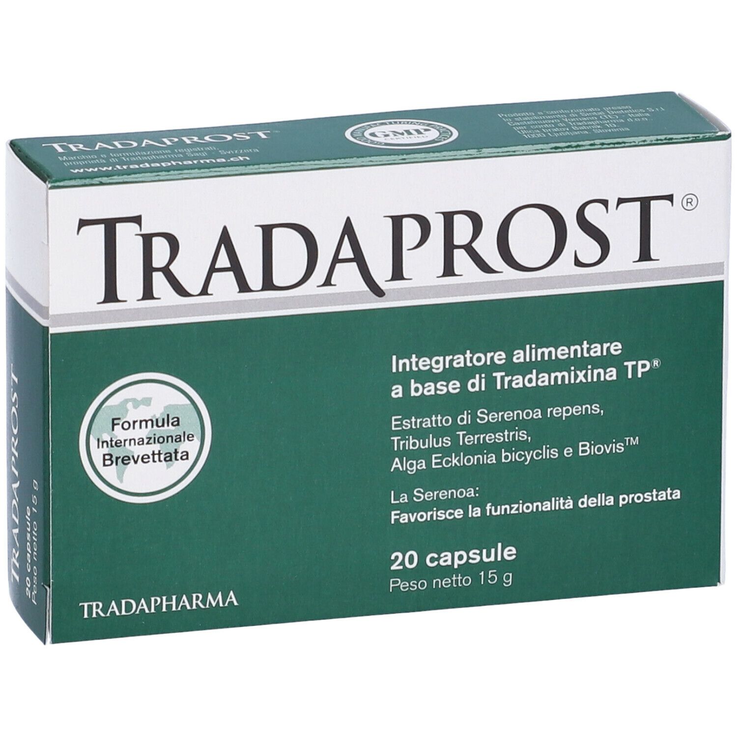 Scatola Tradaprost. Scritta: Tradaprost, 20 capsule. Contiene ingredienti. Confezione verde e bianca. Sigillo GMP.