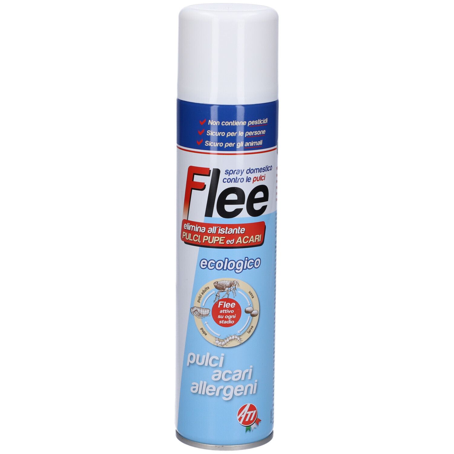 Bomboletta spray con tappo bianco. Scritta "Flee" e "spray domestico contro le pulci". Sfondo blu con testo.