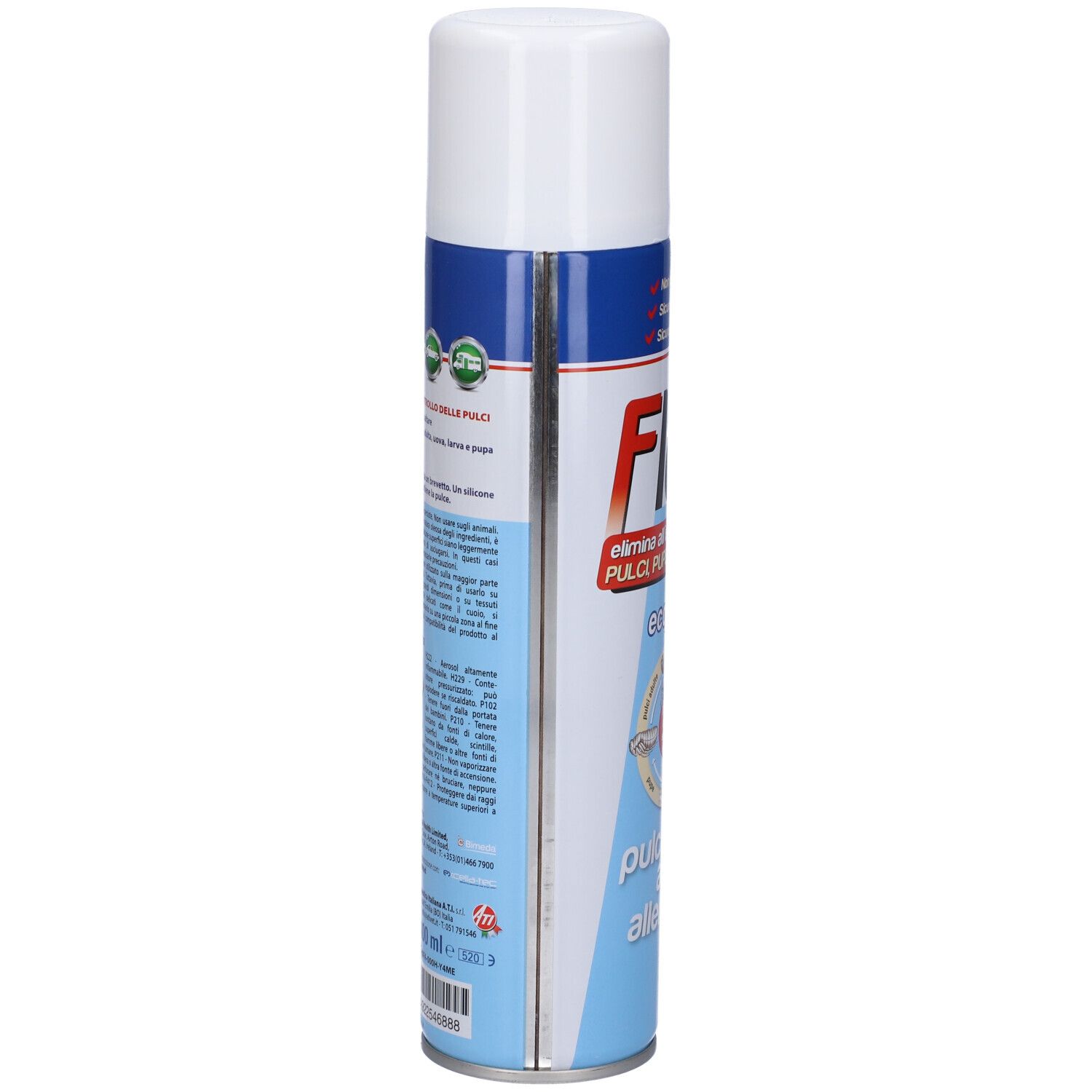Bomboletta spray con tappo bianco. Retro con testo e codice a barre. Sfondo blu.