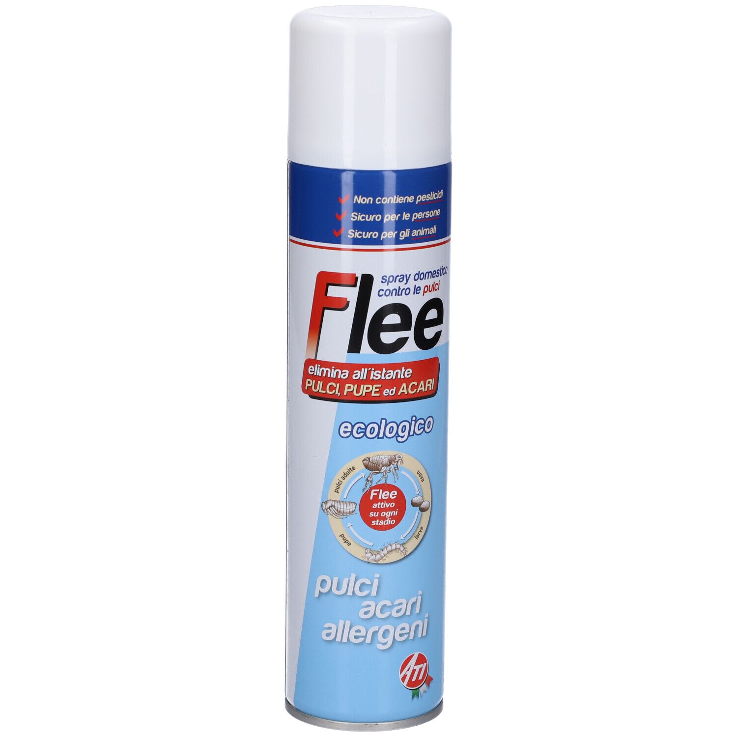 Bomboletta spray con tappo bianco. Scritta "Flee" e "spray domestico contro le pulci". Sfondo blu con testo.