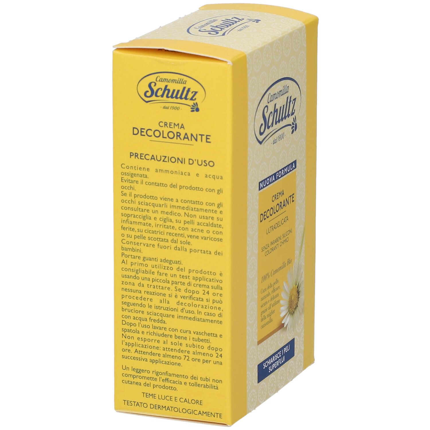 Scatola gialla con stampa del prodotto. Scritto: Crema Decolorante, Camomilla Schultz. Testo: Nuova formula, ultradelicata.
