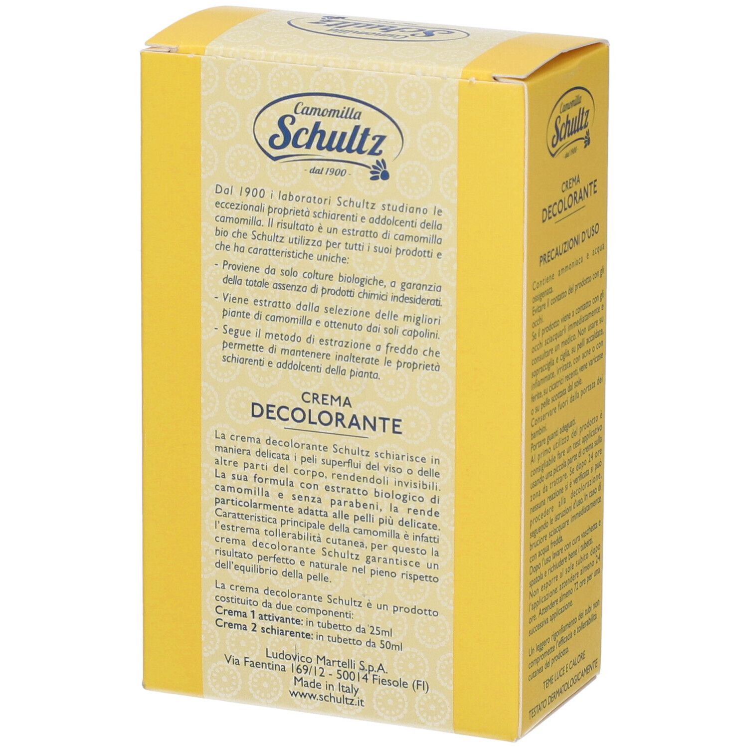 Scatola gialla con stampa del prodotto. Scritto: Crema Decolorante, Camomilla Schultz. Testo: Precauzioni d'uso.