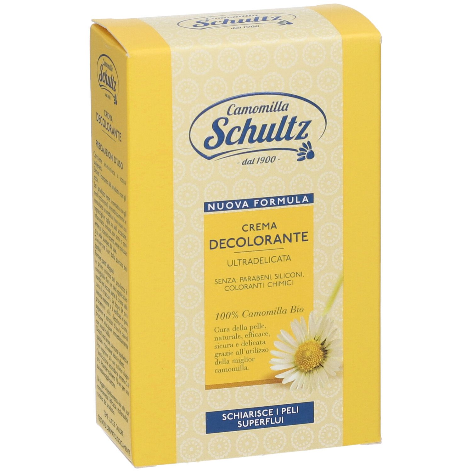 Scatola gialla con stampa del prodotto. Scritto: Crema Decolorante, Camomilla Schultz. Testo: Nuova formula, ultradelicata.