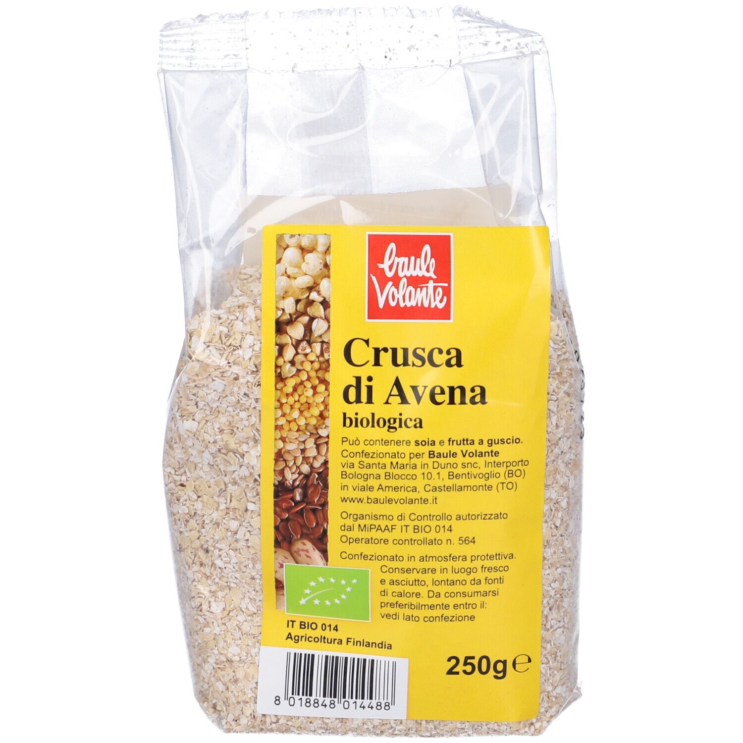 Confezione di Crusca di Avena biologica. Etichetta gialla con testo e logo. Certificazione biologica. 250g.