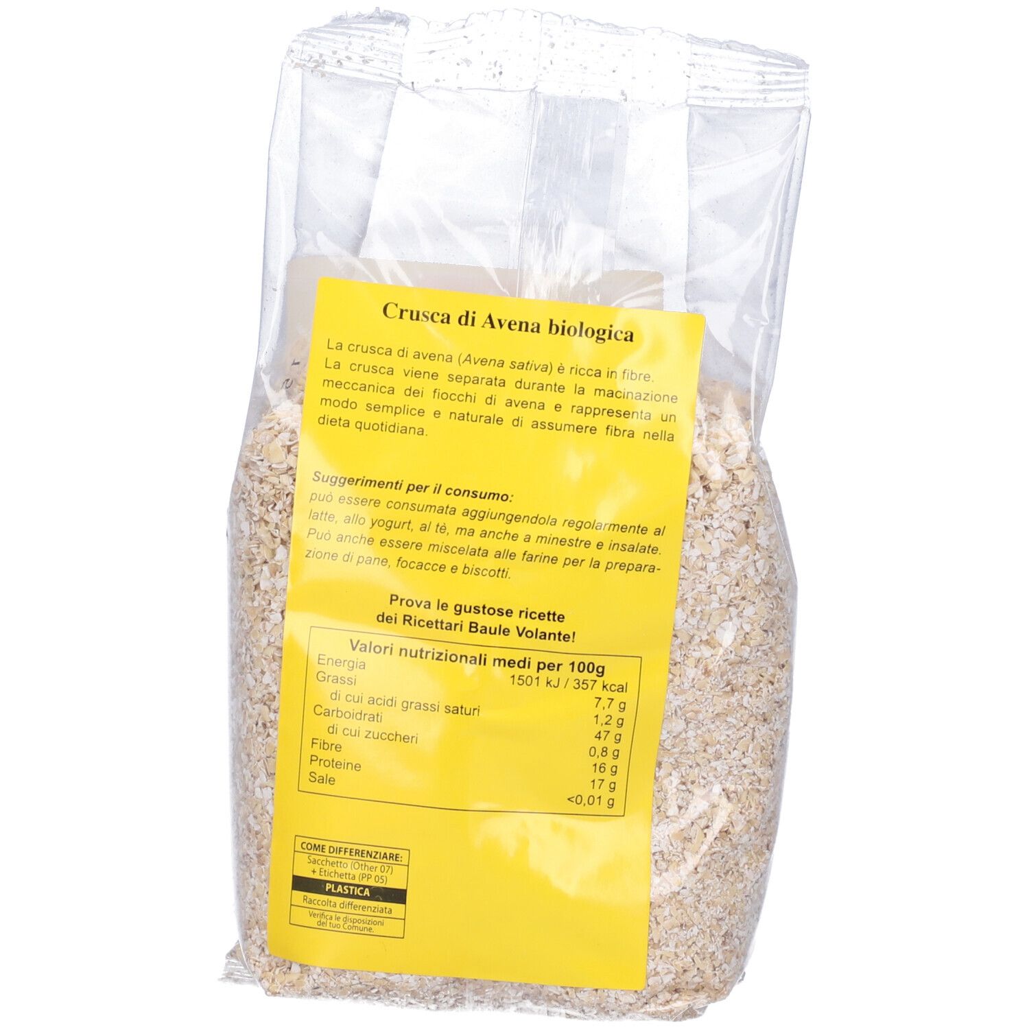 Retro della confezione di Crusca di Avena biologica. Etichetta gialla con testo e valori nutrizionali.