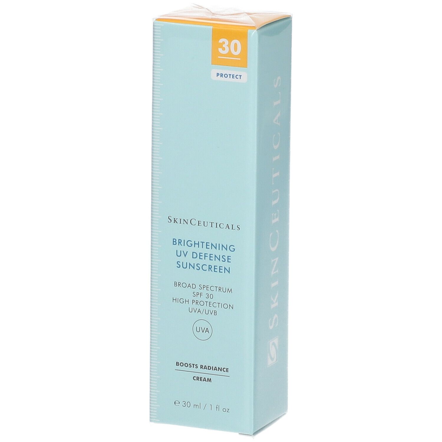 Scatola azzurra con scritta: Skinceuticals Brightening UV Defense Sunscreen SPF 30. Con angolo giallo.