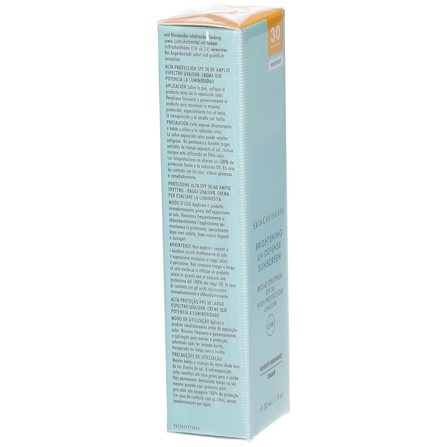 Retro della scatola azzurra. Testo in più lingue. Angolo giallo con SPF 30. Informazioni sul prodotto.