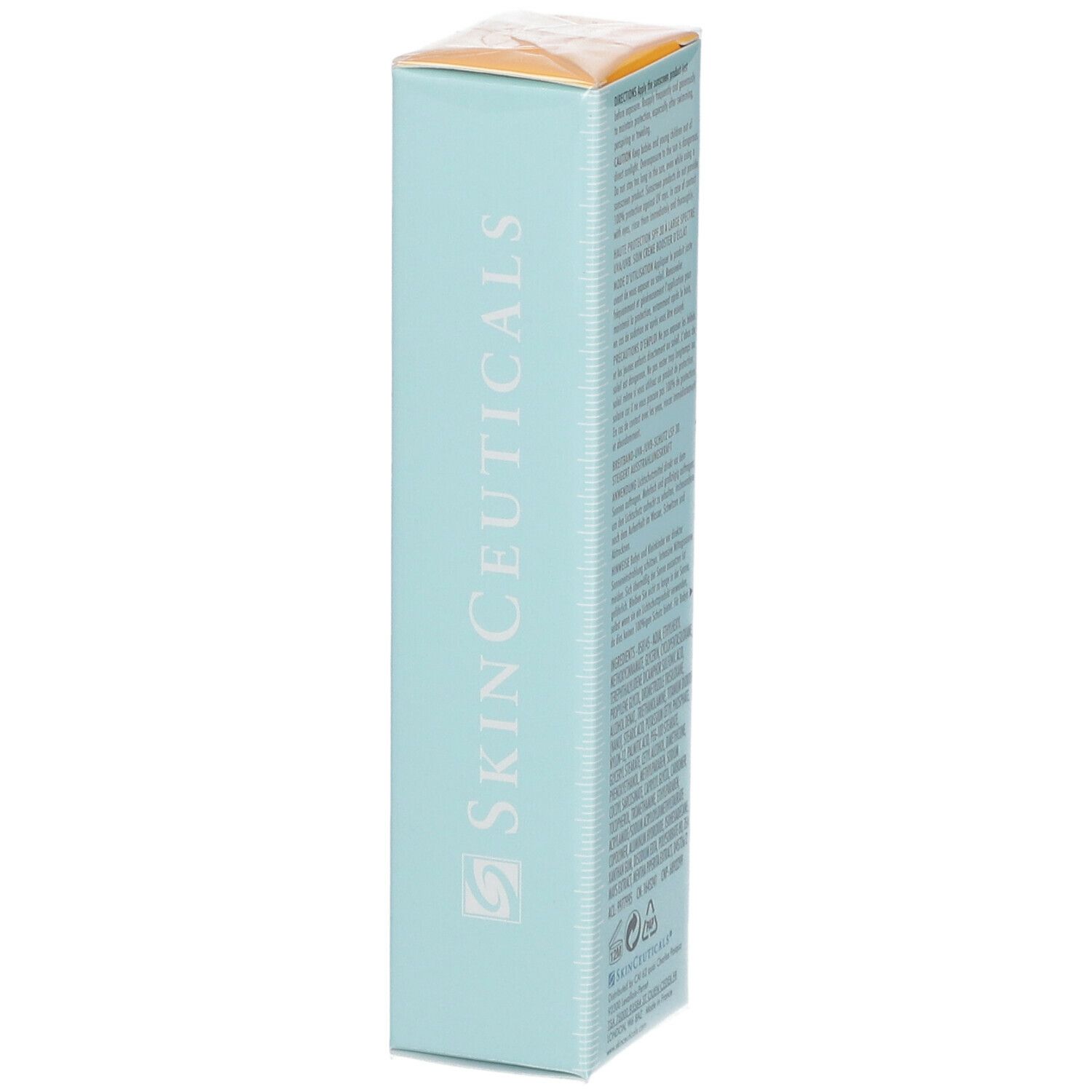 Lato della scatola azzurra. Scritta: Skinceuticals. Testo in più lingue. Angolo giallo con SPF 30.