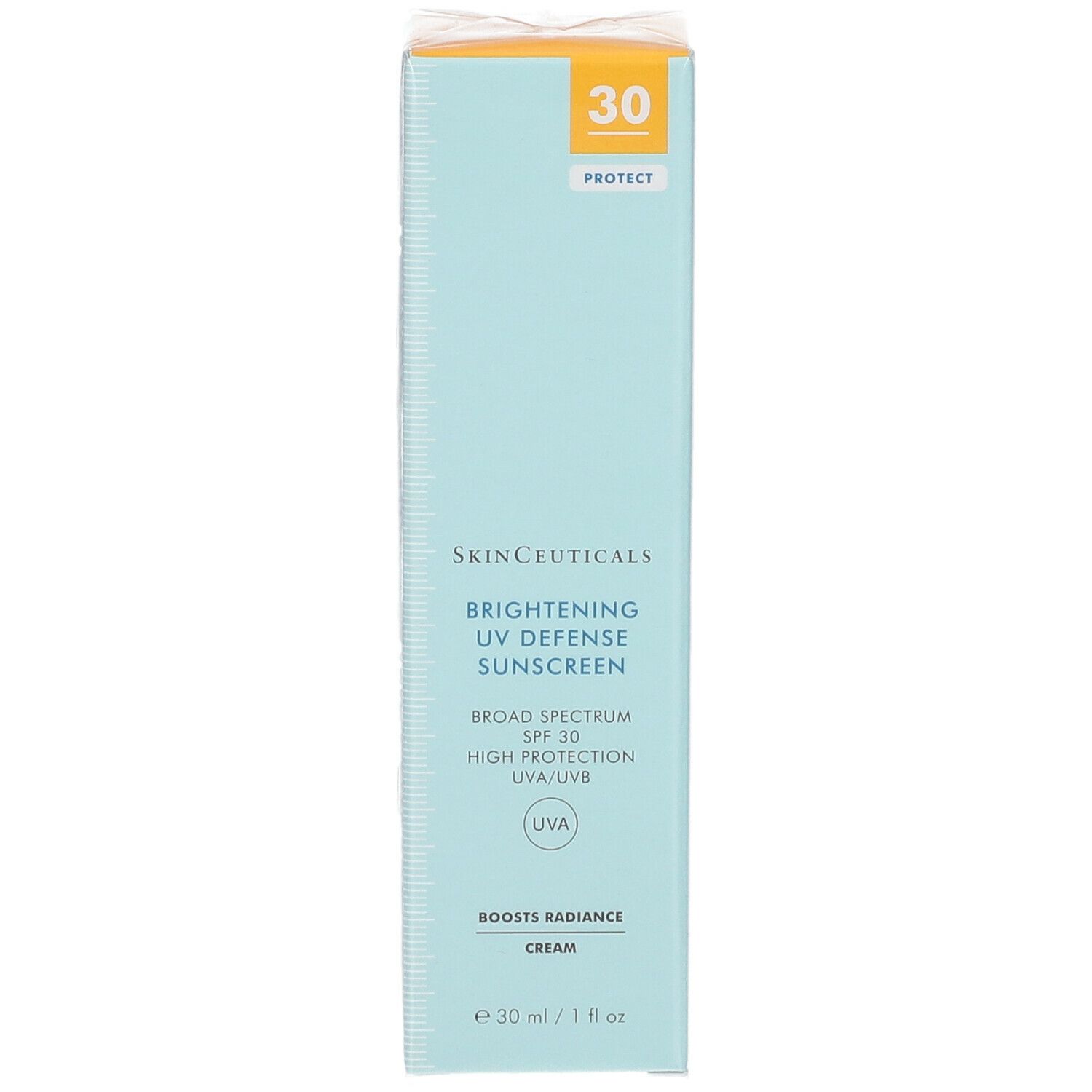 Scatola azzurra con scritta: Skinceuticals Brightening UV Defense Sunscreen SPF 30. Con angolo giallo.