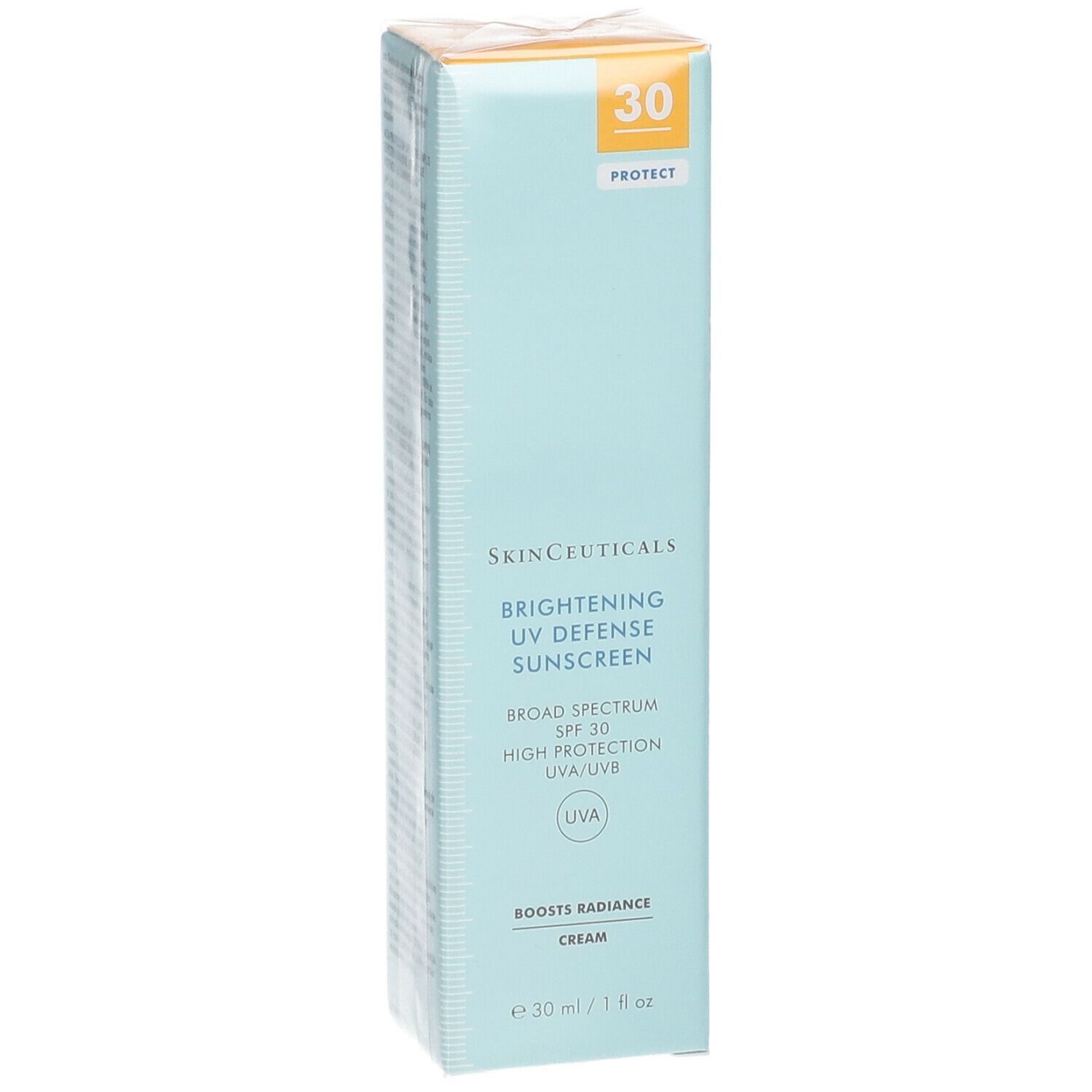 Scatola azzurra con scritta: Skinceuticals Brightening UV Defense Sunscreen SPF 30. Con angolo giallo.