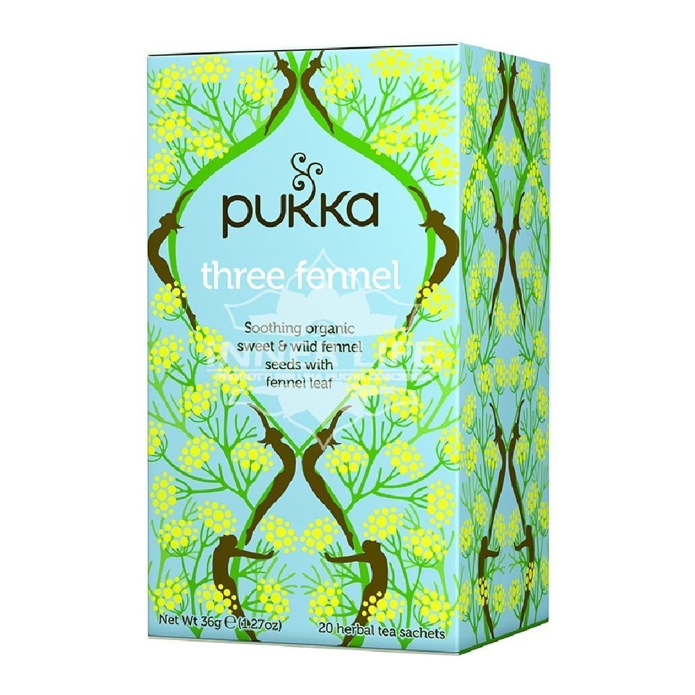 Scatola di cartone azzurro con motivo floreale giallo. Scritta: Pukka Three Fennel. 20 bustine, 36g.