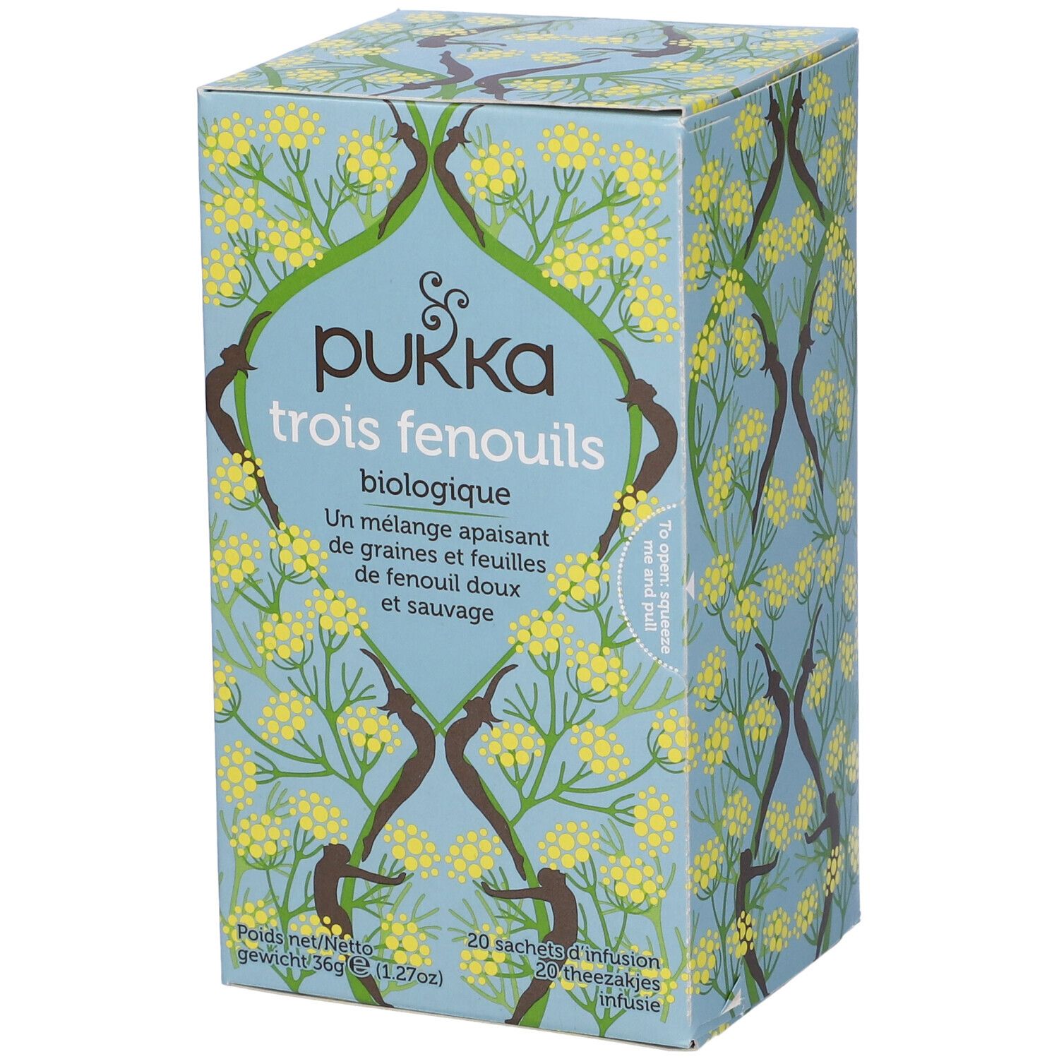 Scatola di cartone azzurro con motivo floreale giallo. Scritta: Pukka trois fenouils biologique. 20 bustine, 36g.