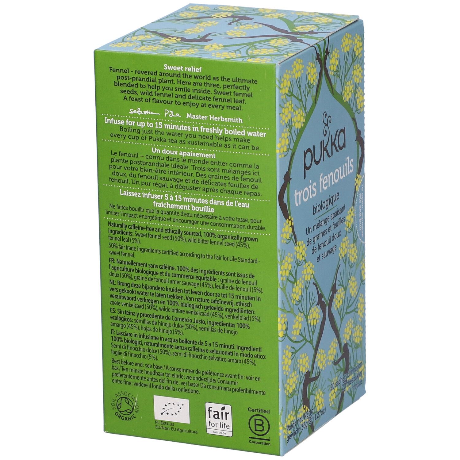 Retro di una scatola di cartone con testo e certificazioni. Scritta: Pukka trois fenouils biologique. 20 bustine, 36g.