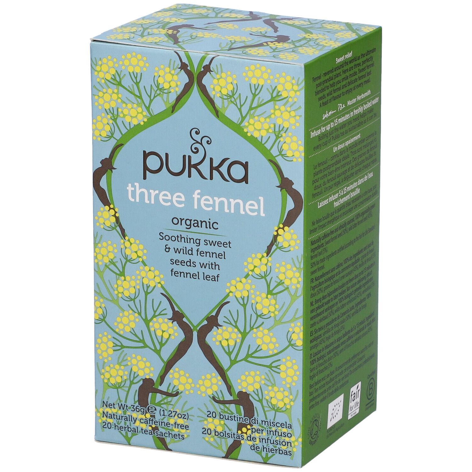 Scatola di cartone azzurro con motivo floreale giallo. Scritta: Pukka Three Fennel organic. 20 bustine, 36g.