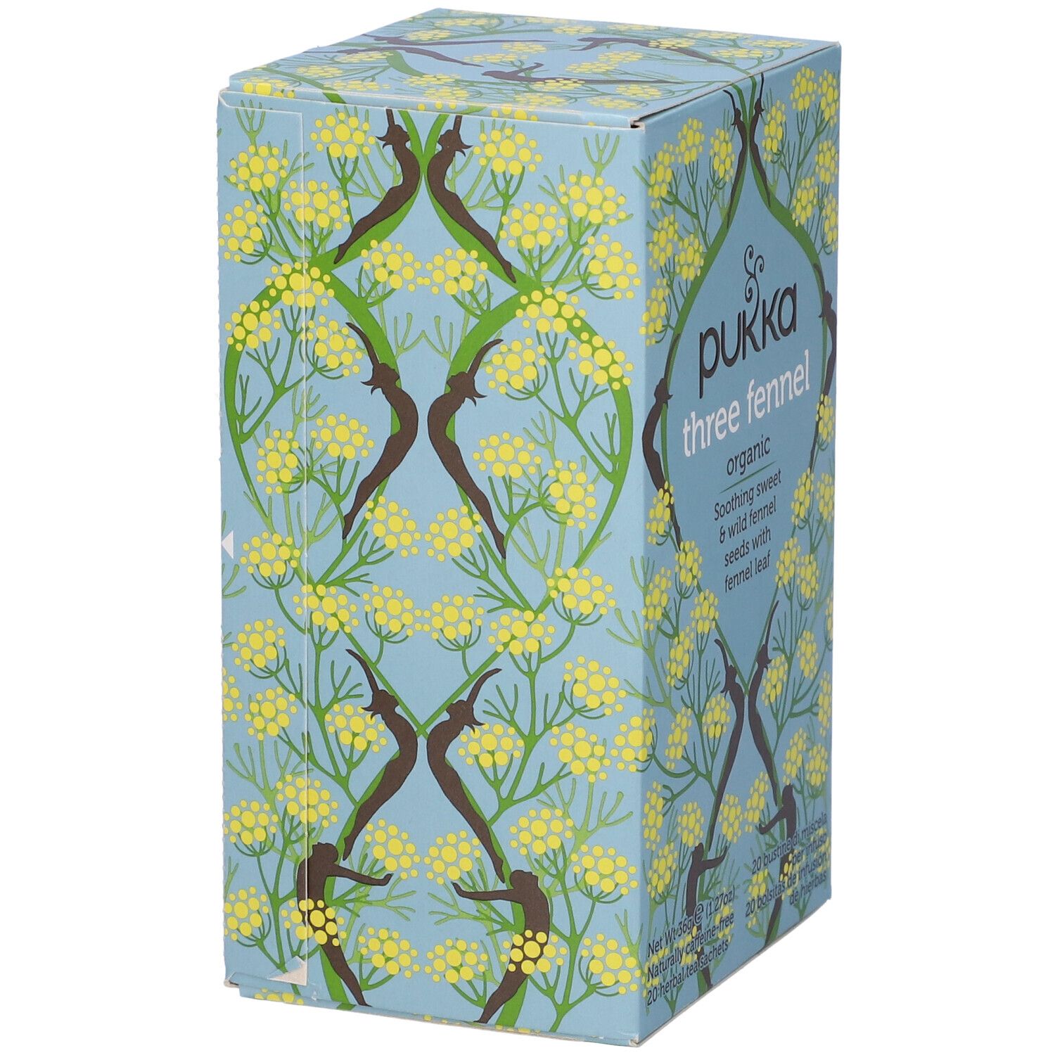 Scatola di cartone azzurro con motivo floreale giallo. Scritta: Pukka Three Fennel organic. 20 bustine, 36g.