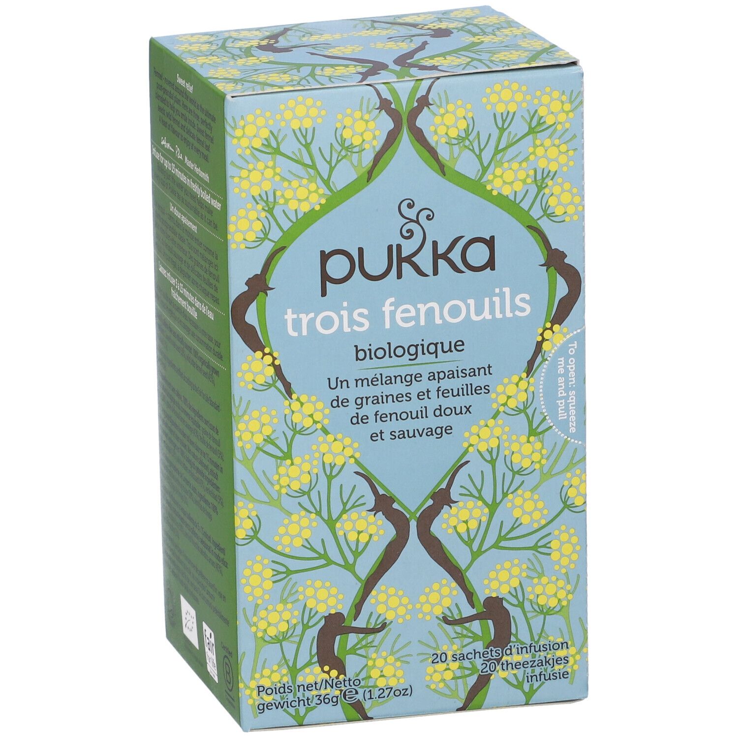 Scatola di cartone azzurro con motivo floreale giallo. Scritta: Pukka trois fenouils biologique. 20 bustine, 36g.