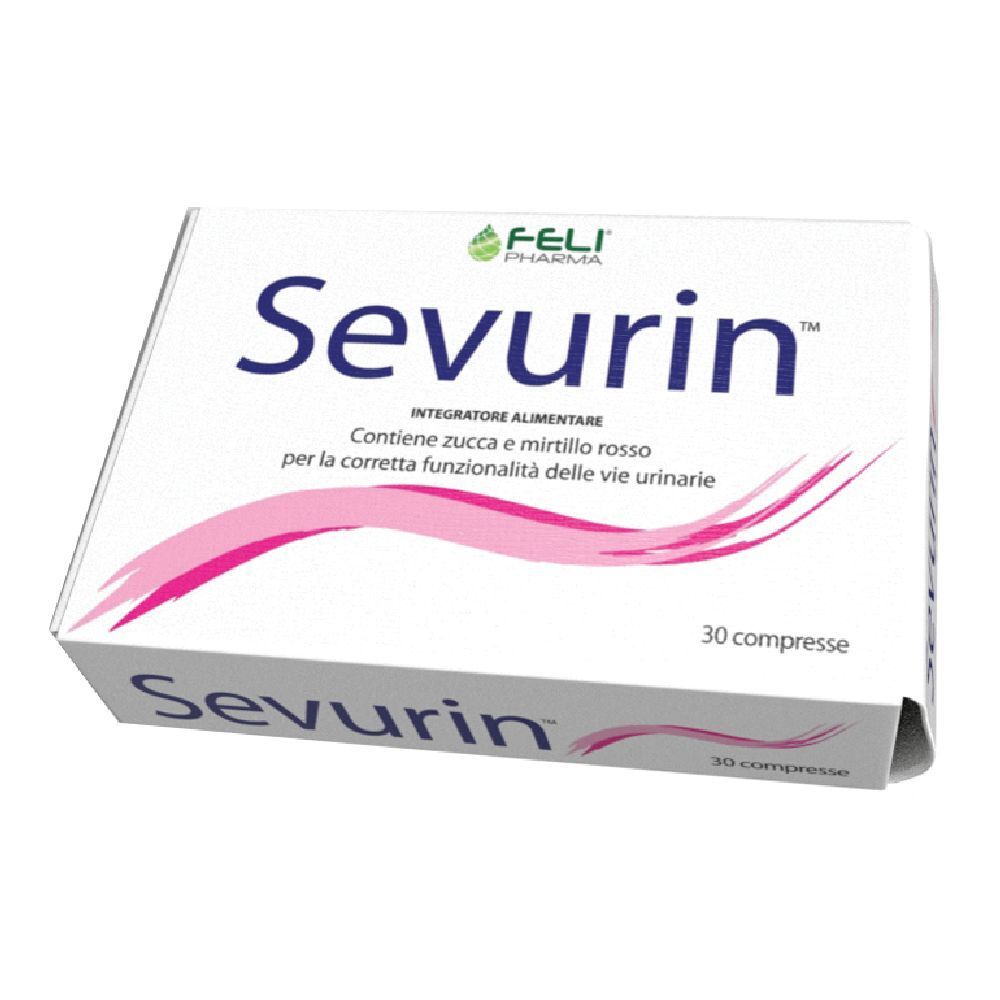 Scatola bianca "Sevurin" con onda rosa. Contiene 30 compresse. Logo Feli Pharma. Integratore alimentare per vie urinarie.