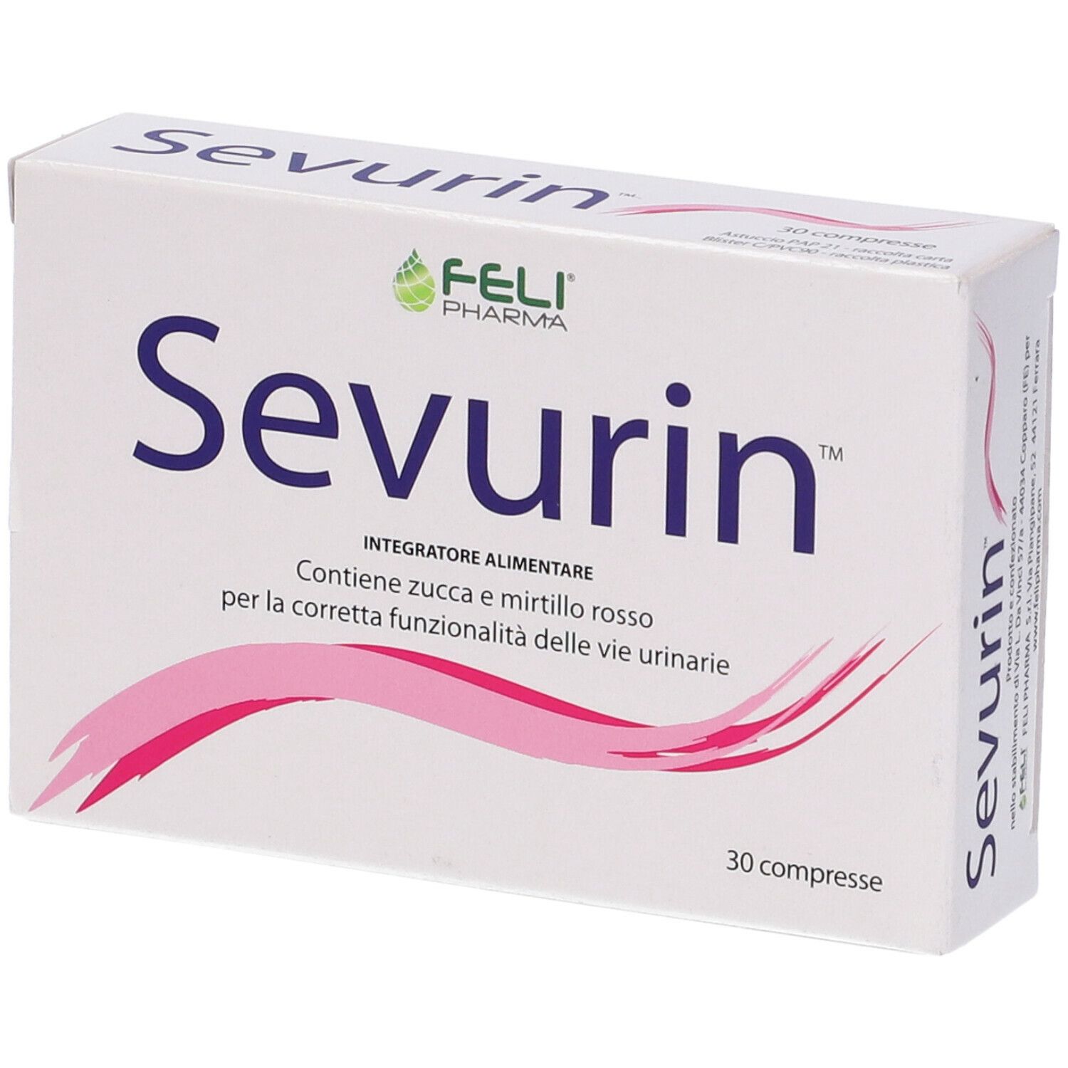 Scatola bianca "Sevurin" con onda rosa. Contiene 30 compresse. Logo Feli Pharma. Vista angolata.
