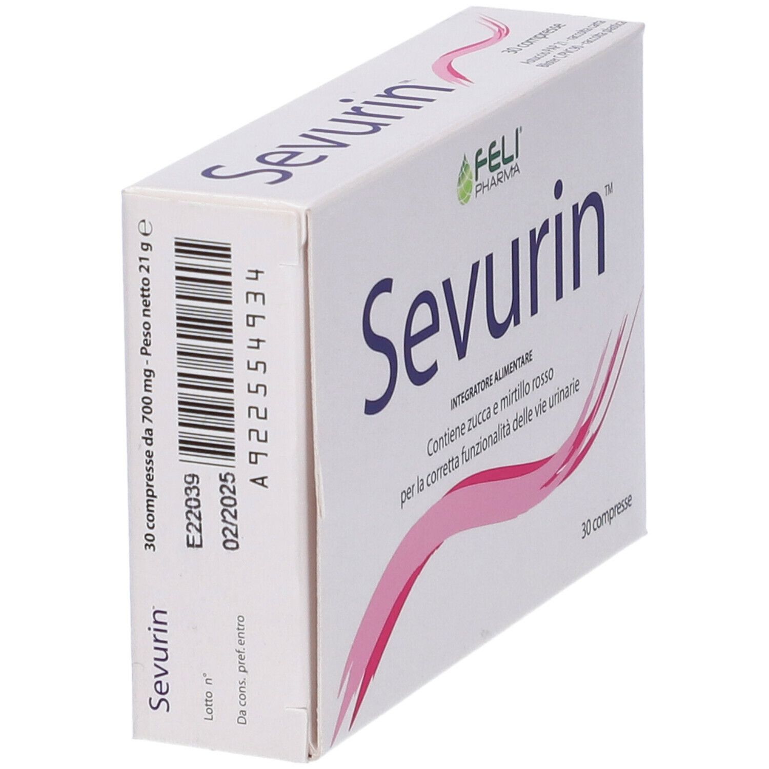Scatola bianca "Sevurin" con onda rosa. Contiene 30 compresse. Logo Feli Pharma. Vista laterale.