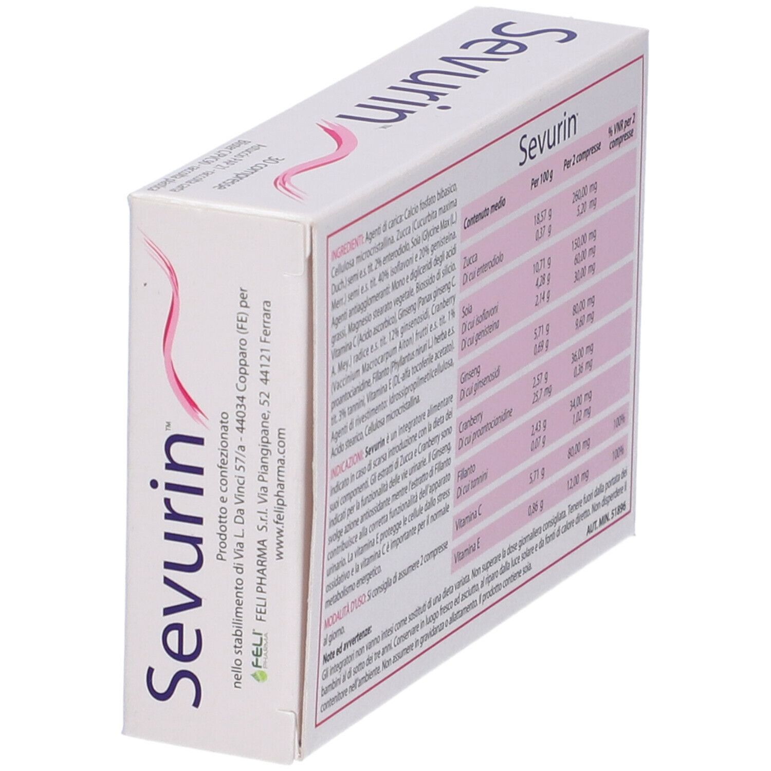 Retro della scatola "Sevurin". Ingredienti, informazioni nutrizionali e istruzioni. 30 compresse.