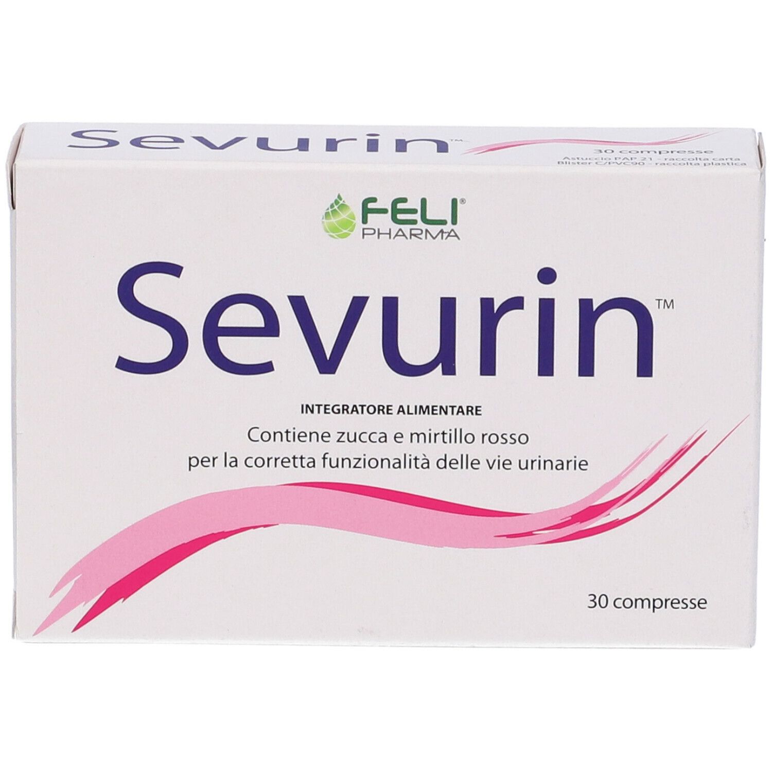 Scatola bianca "Sevurin" con onda rosa. Contiene 30 compresse. Logo Feli Pharma.