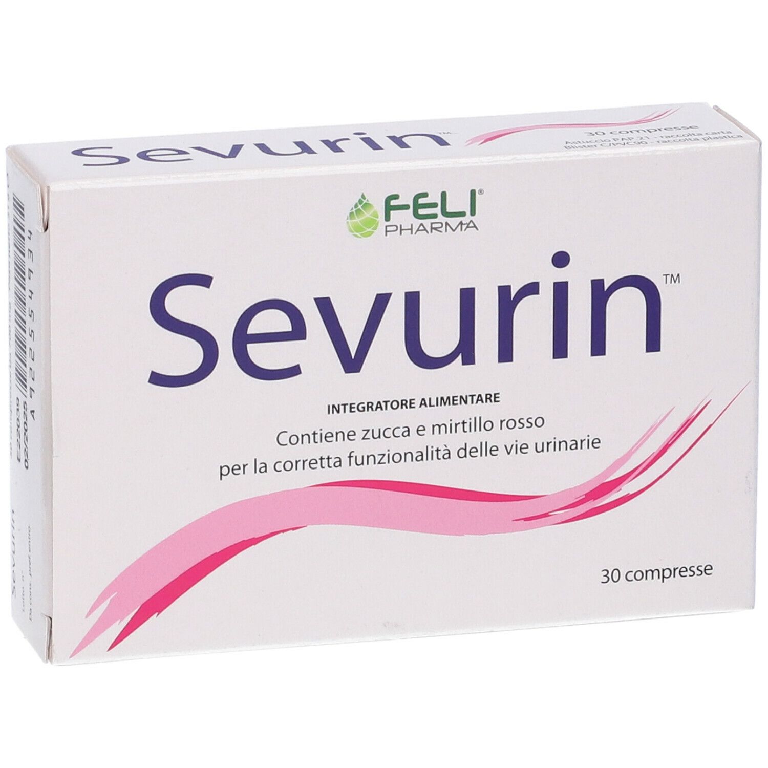 Scatola bianca "Sevurin" con onda rosa. Contiene 30 compresse. Logo Feli Pharma.