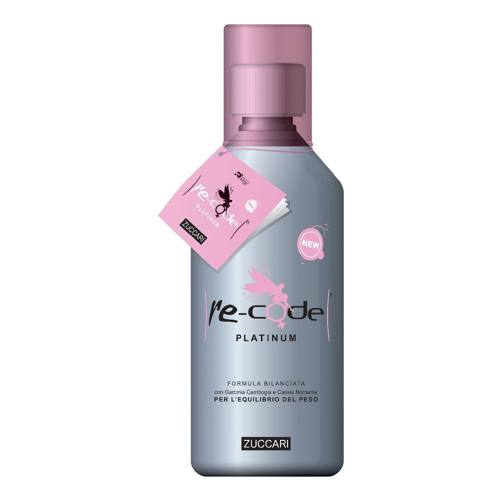Flacone argento con tappo rosa ed etichetta. Scritta: re-code Platinum. Marchio Zuccari.