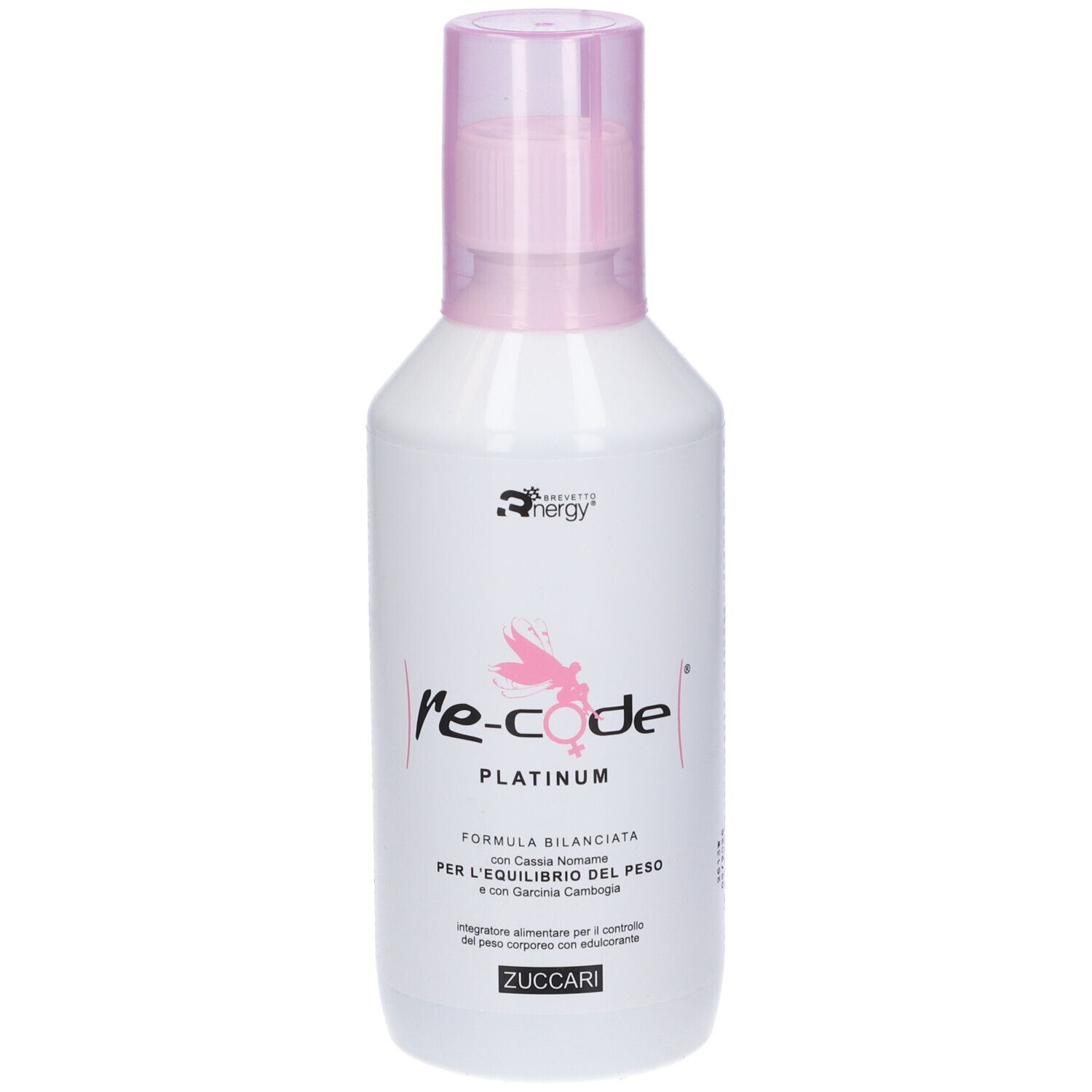 Flacone bianco con vaporizzatore rosa. Scritta: re-code Platinum. Marchio Zuccari.