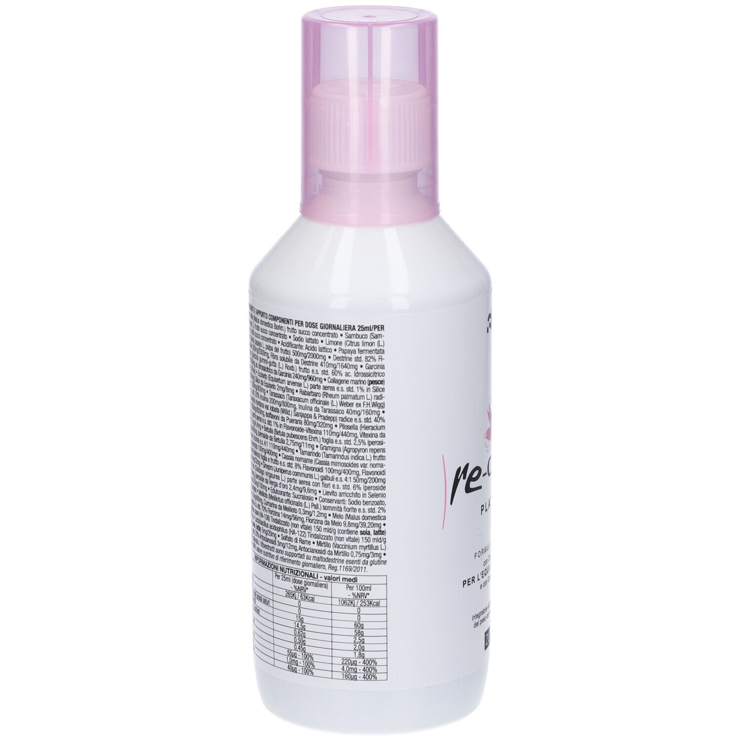 Flacone bianco con vaporizzatore rosa. Retro con testo e informazioni nutrizionali.