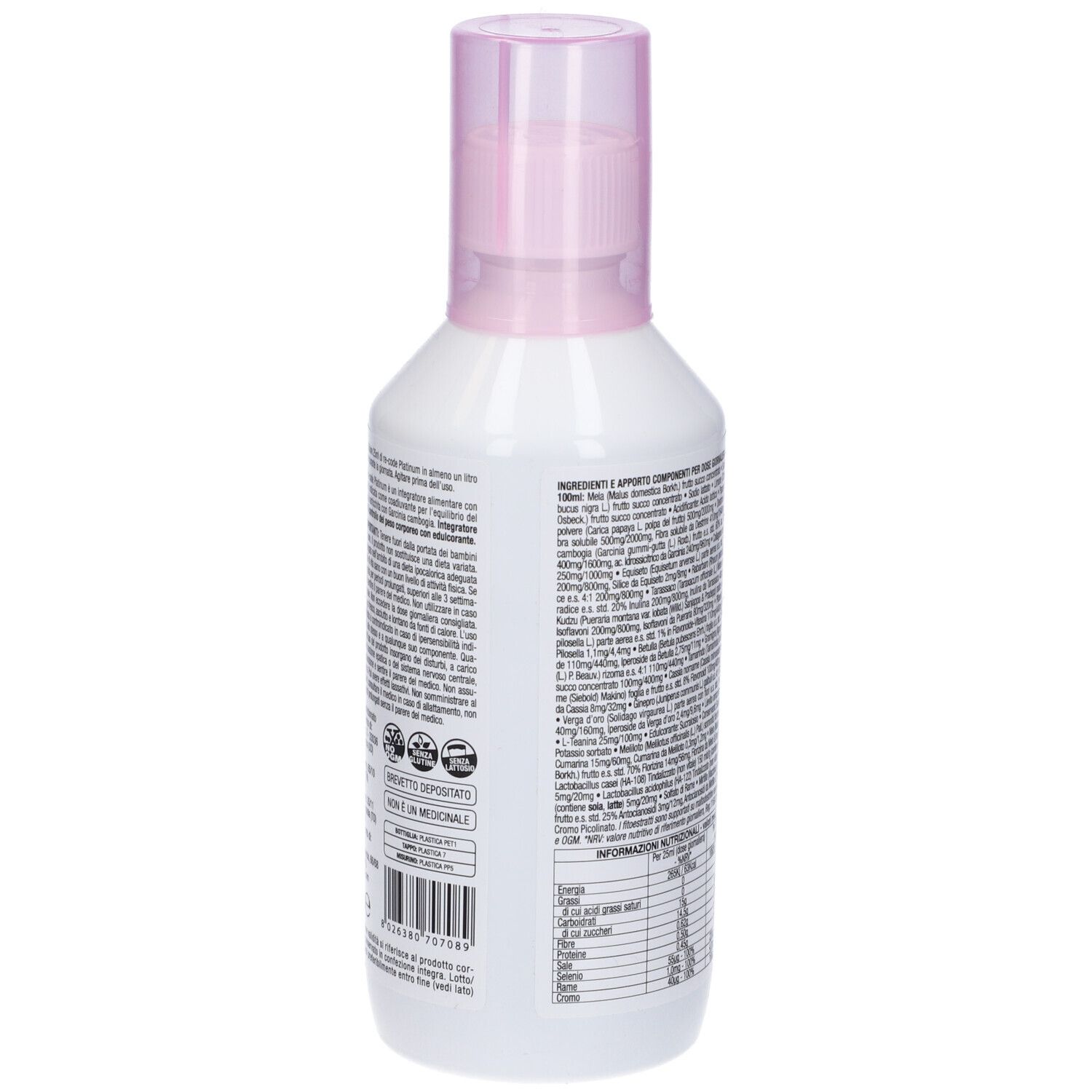 Flacone bianco con vaporizzatore rosa. Retro con testo e informazioni nutrizionali.