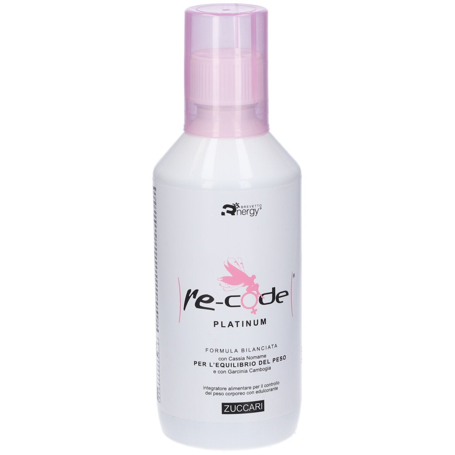 Flacone bianco con vaporizzatore rosa. Scritta: re-code Platinum. Marchio Zuccari.
