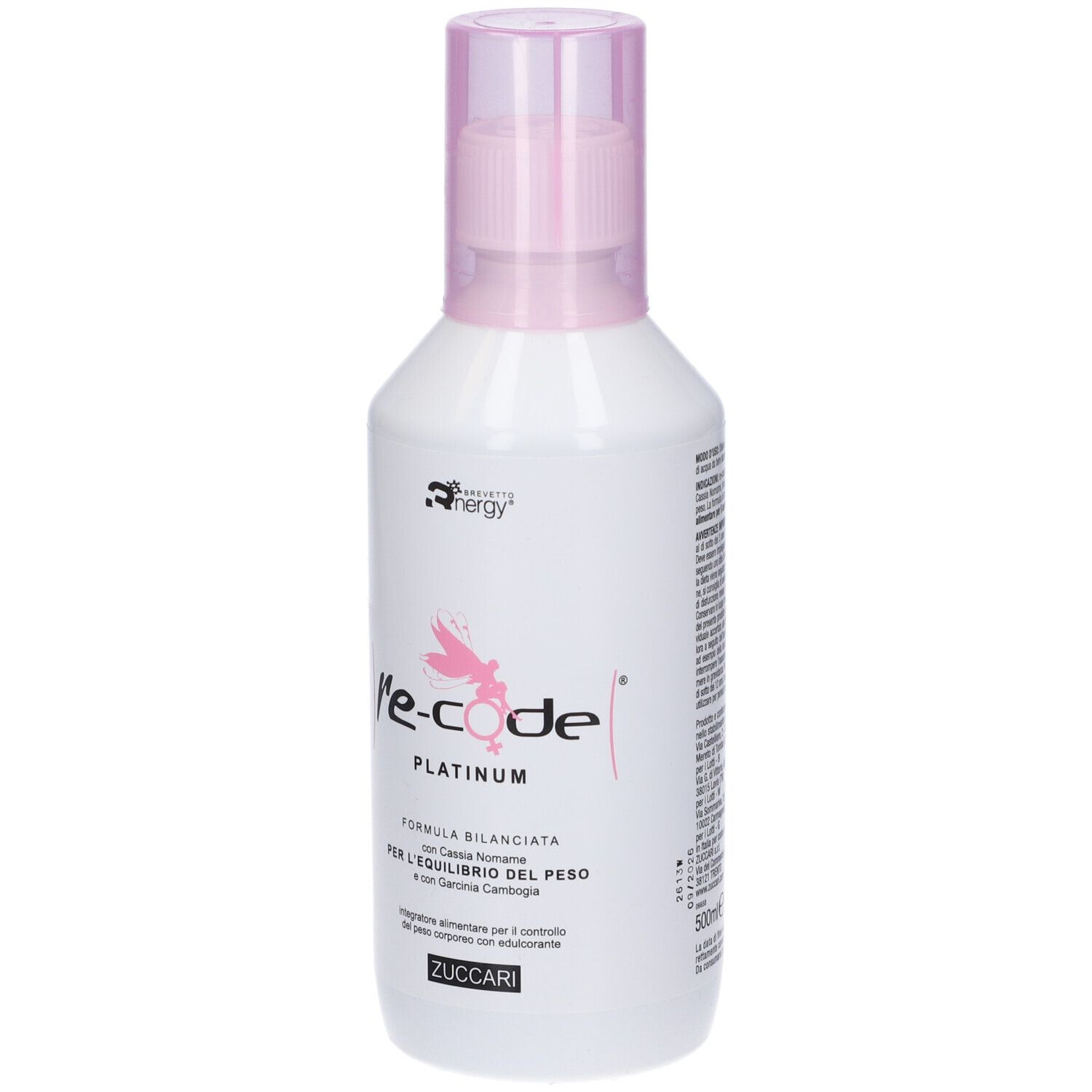 Flacone bianco con vaporizzatore rosa. Scritta: re-code Platinum. Marchio Zuccari.