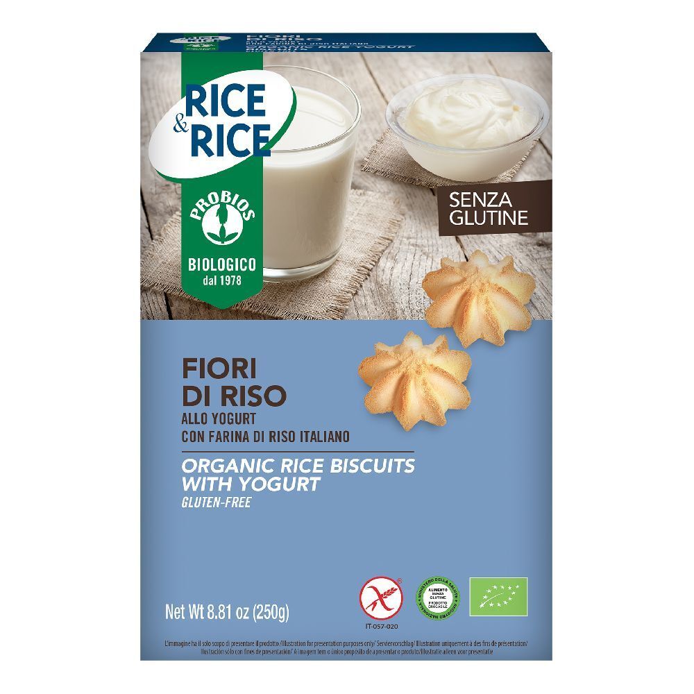 Confezione di biscotti di riso. Scritta: Fiori di Riso, con yogurt, senza glutine. Immagine di biscotti, yogurt e latte.