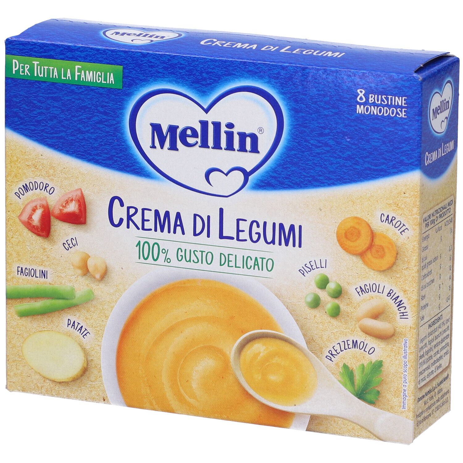 Confezione Mellin Crema di Legumi. Scatola blu con immagine del prodotto e ingredienti. Testo: 100% gusto delicato.