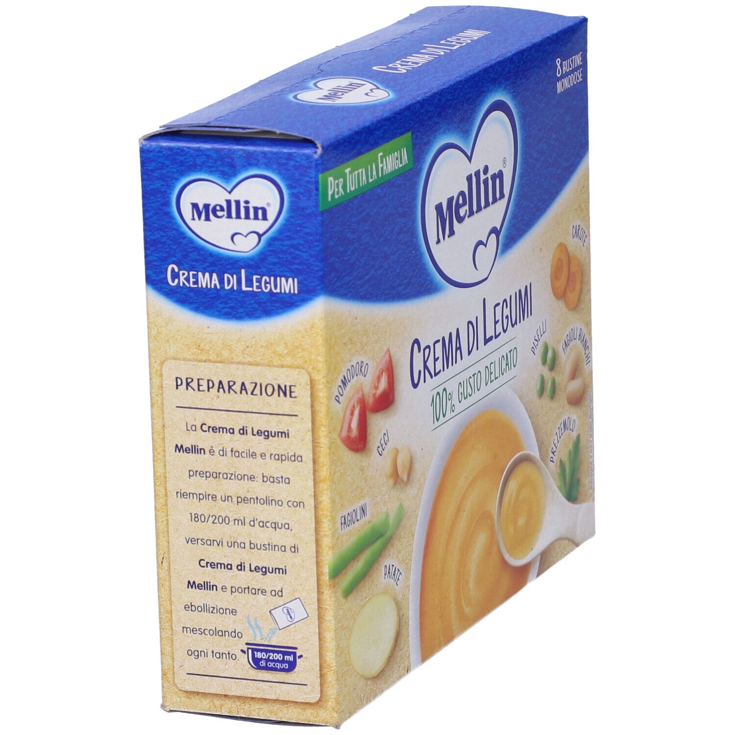 Confezione Mellin Crema di Legumi, angolata. Scatola blu con immagine del prodotto e istruzioni per la preparazione. Testo: 100% gusto delicato.