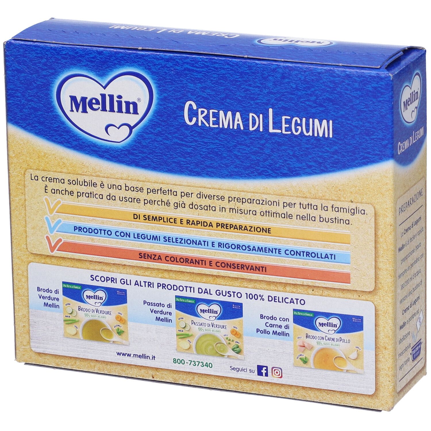 Retro della confezione Mellin Crema di Legumi. Confezione blu con informazioni sul prodotto e immagini dei prodotti. Testo: 100% gusto delicato.