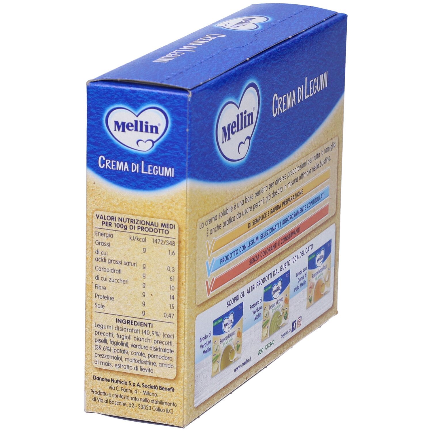 Retro della confezione Mellin Crema di Legumi. Confezione blu con informazioni nutrizionali e immagini dei prodotti. Testo: 100% gusto delicato.