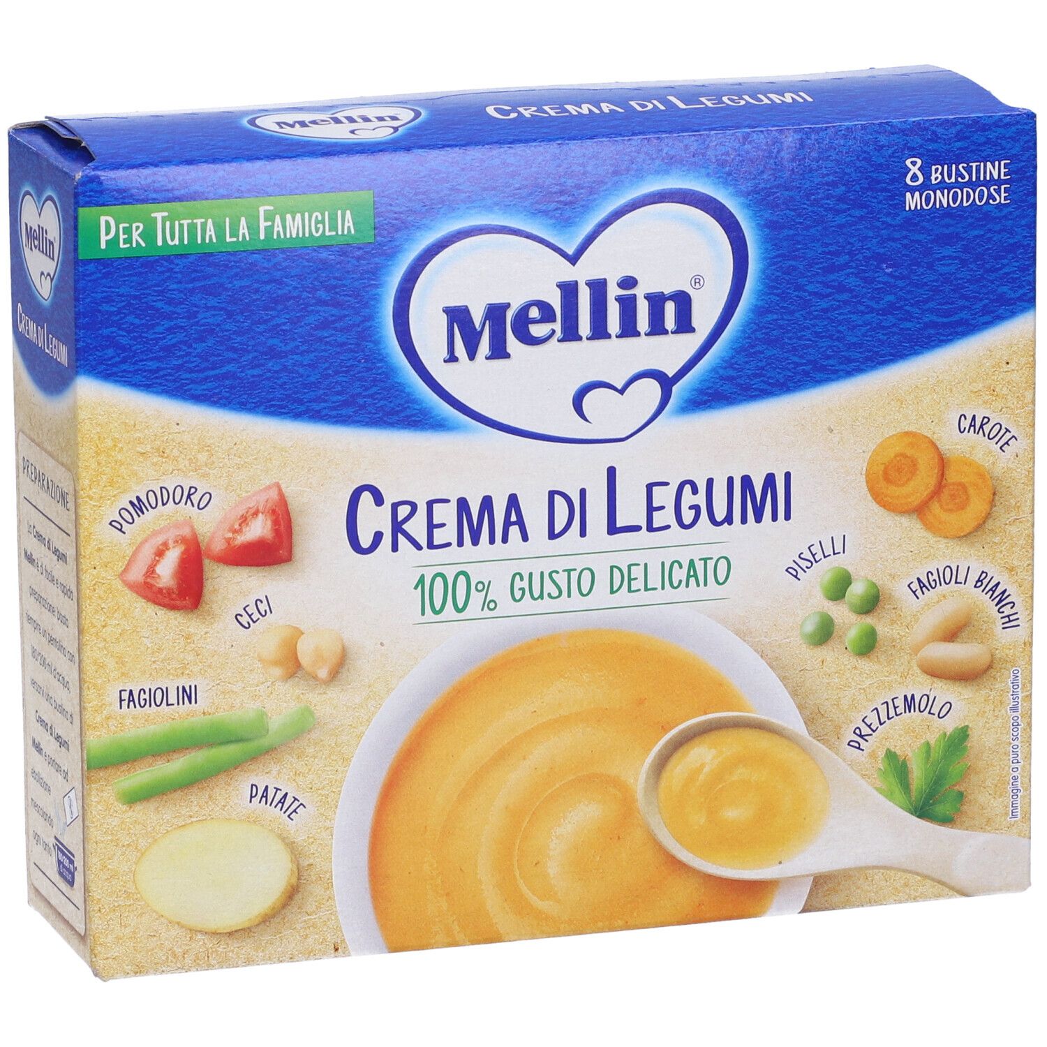 Confezione Mellin Crema di Legumi. Scatola blu con immagine del prodotto e ingredienti. Testo: 100% gusto delicato. 8 porzioni monodose.
